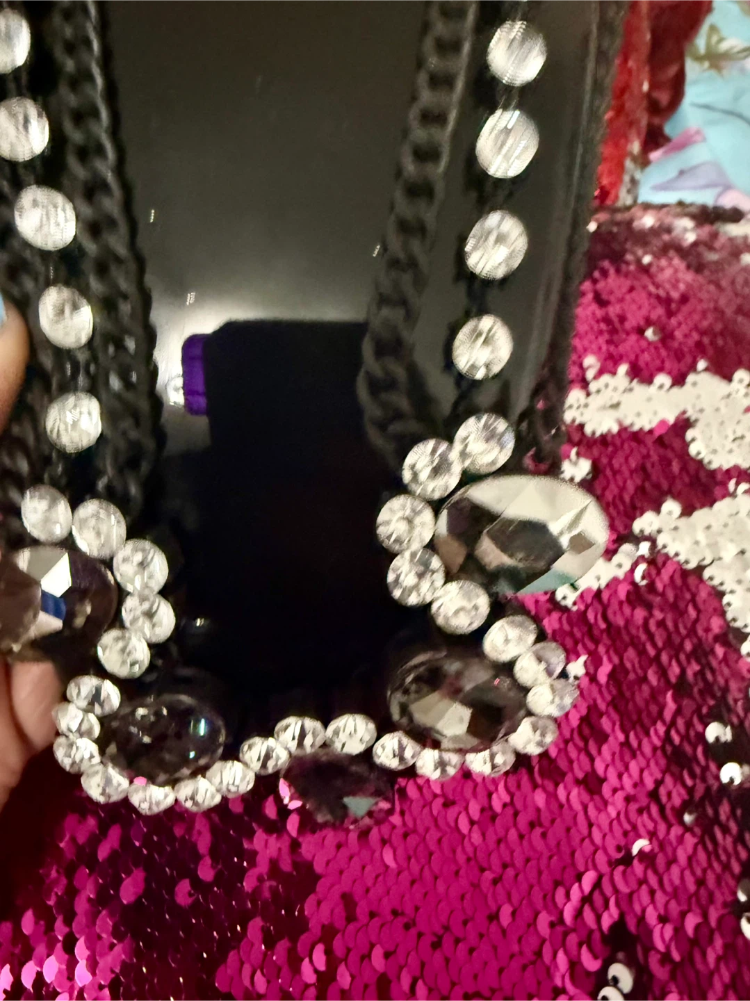 Rhinestone Embellished Black necklace with white & grey stones - photo 2
