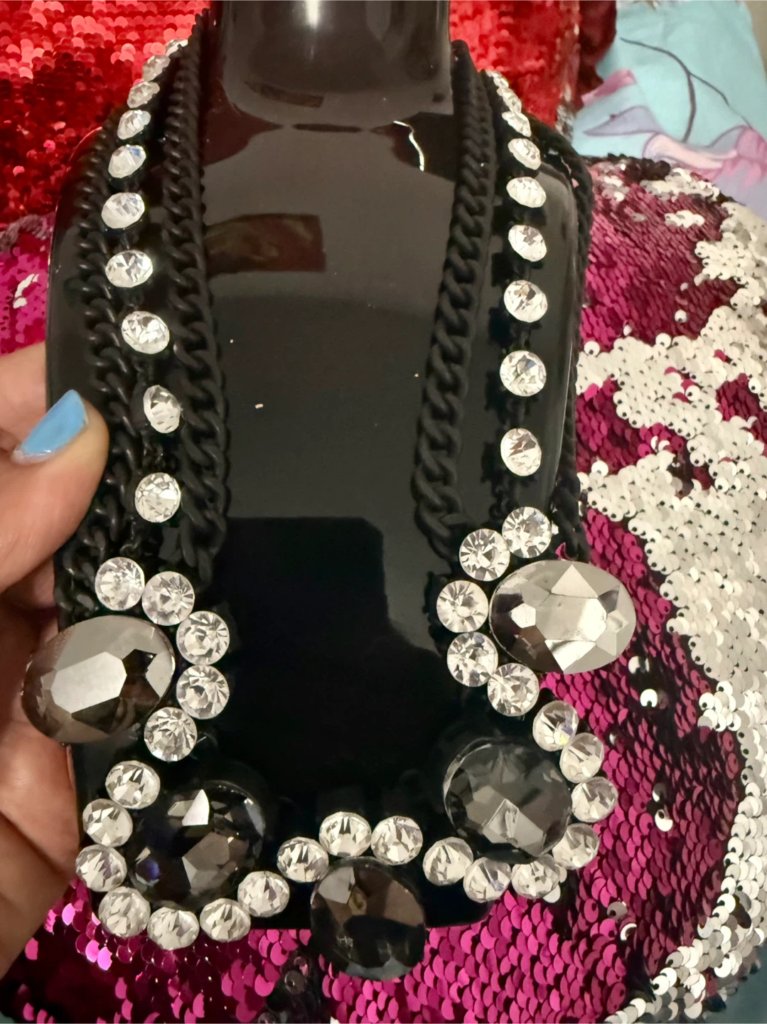 Rhinestone Embellished Black necklace with white & grey stones