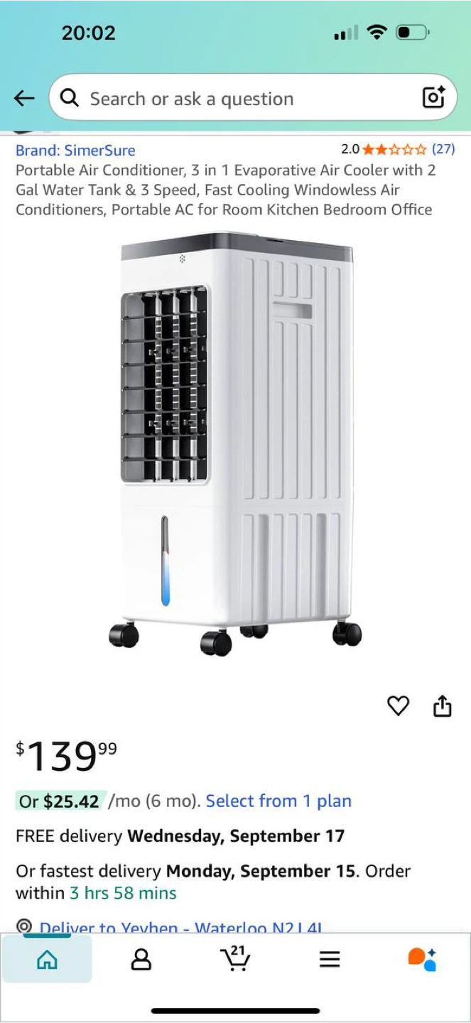 SimerSure Portable Air Conditioner – Brand New - photo 4