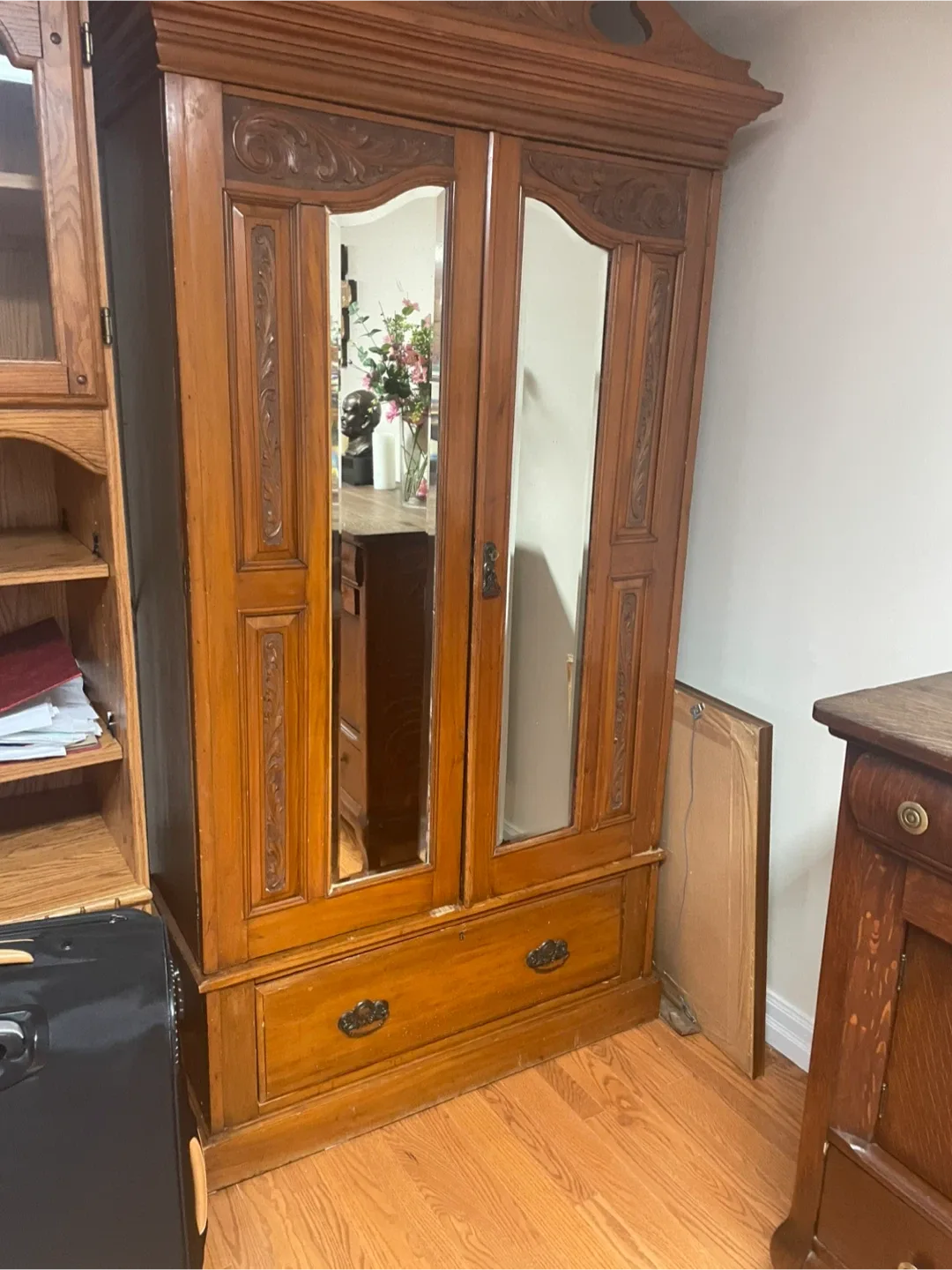 Antique Wooden Wardrobe with Mirrored Doors thumbnail