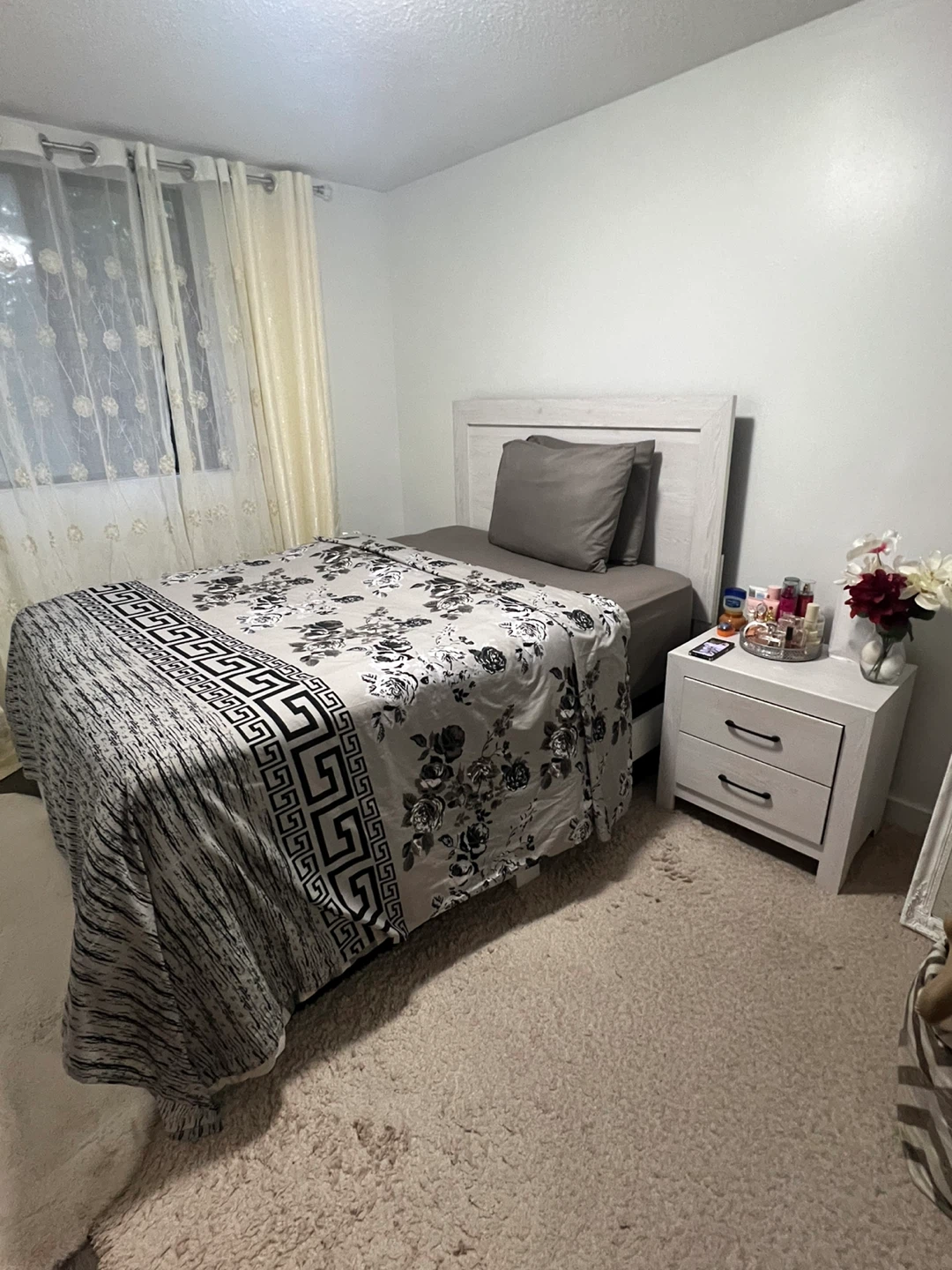 Bedroom set: bed, side table, bedding