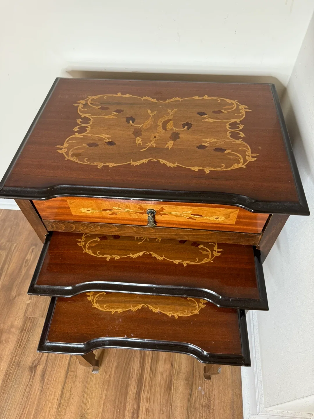 Set of 3 Vintage Inlaid Wood Nesting Tables with Drawer image indicator(3)