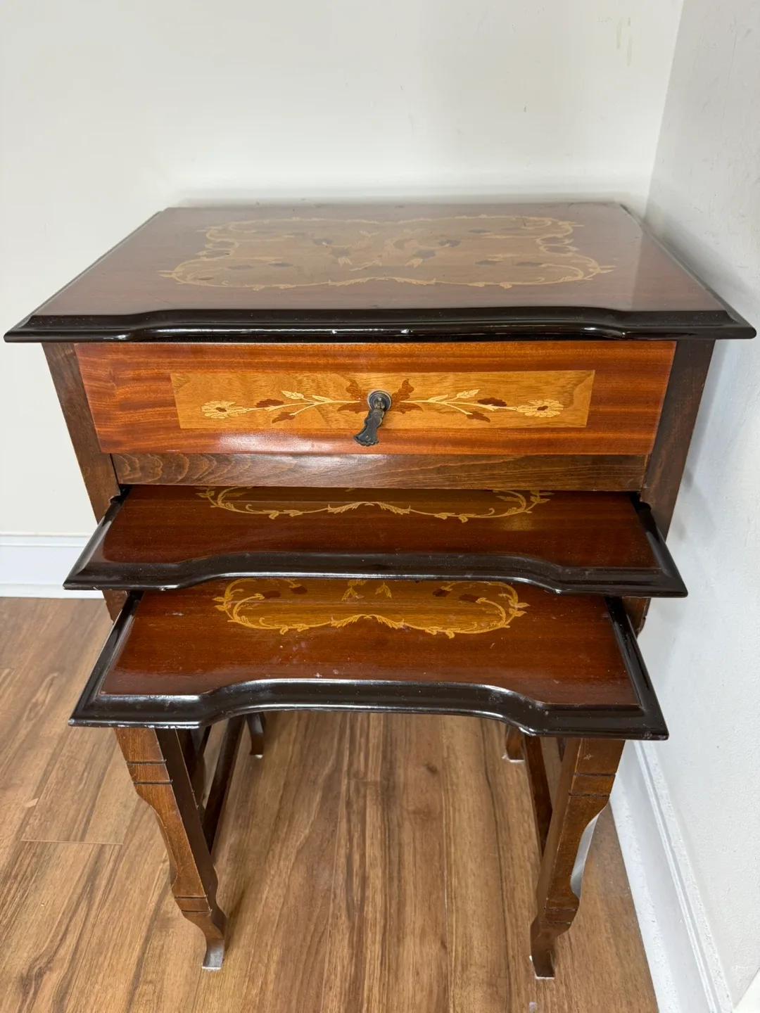 Set of 3 Vintage Inlaid Wood Nesting Tables with Drawer image indicator(2)
