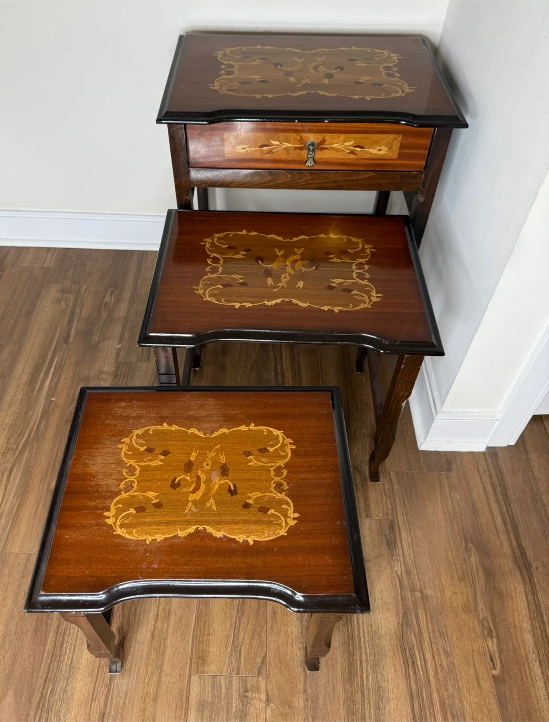 Set of 3 Vintage Inlaid Wood Nesting Tables with Drawer image indicator(4)