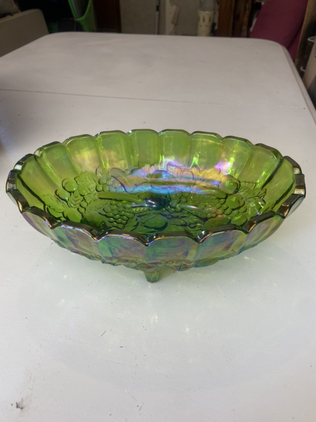 Vintage Green Carnival Glass Footed Bowl - photo 2