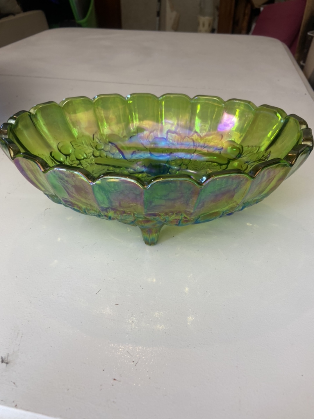 Vintage Green Carnival Glass Footed Bowl