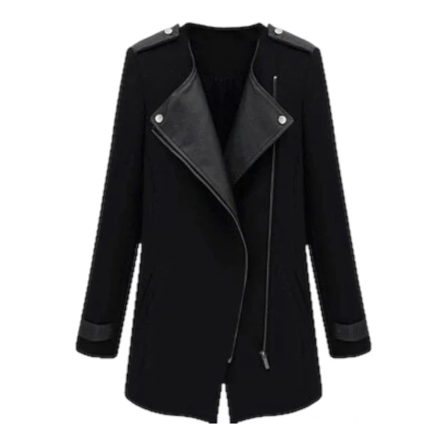 SHEIN Black Leather Trims Oblique Zipper Coat Size Small thumbnail