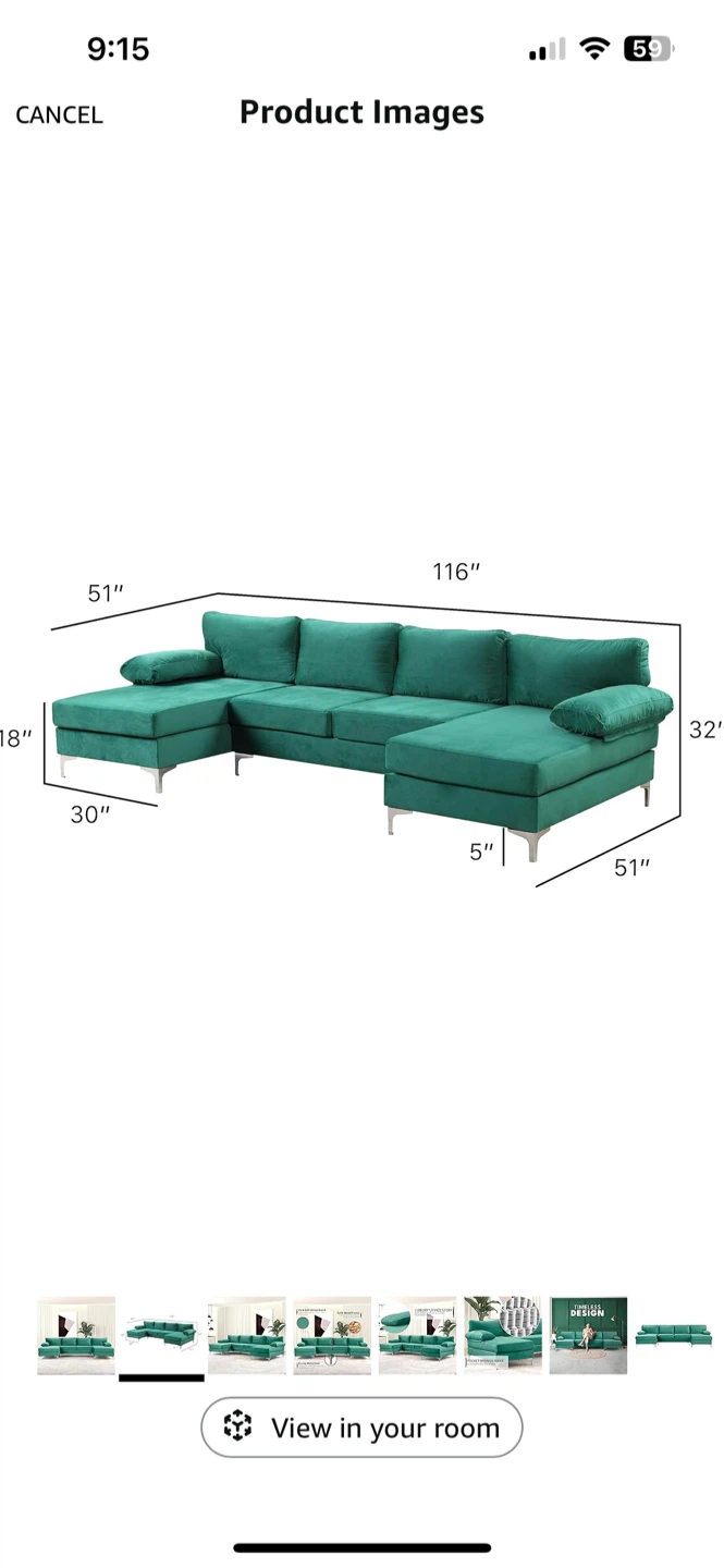 Green Velvet Sectional Sofa Couch - photo 4