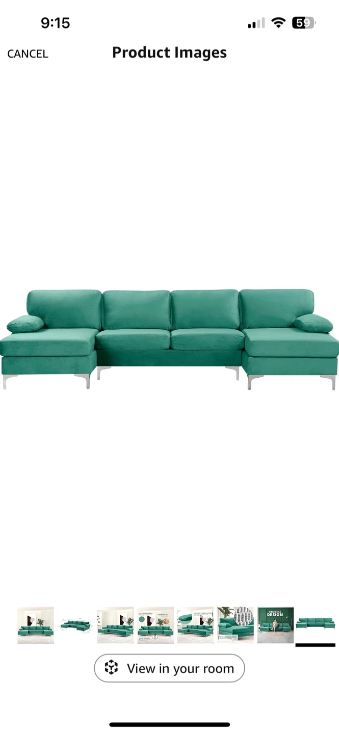 Green Velvet Sectional Sofa Couch - photo 5