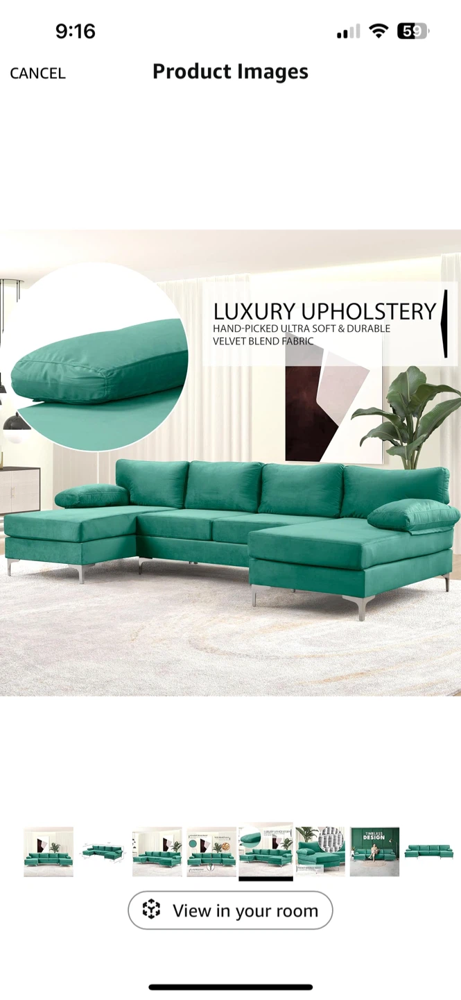 Green Velvet Sectional Sofa Couch - photo 3