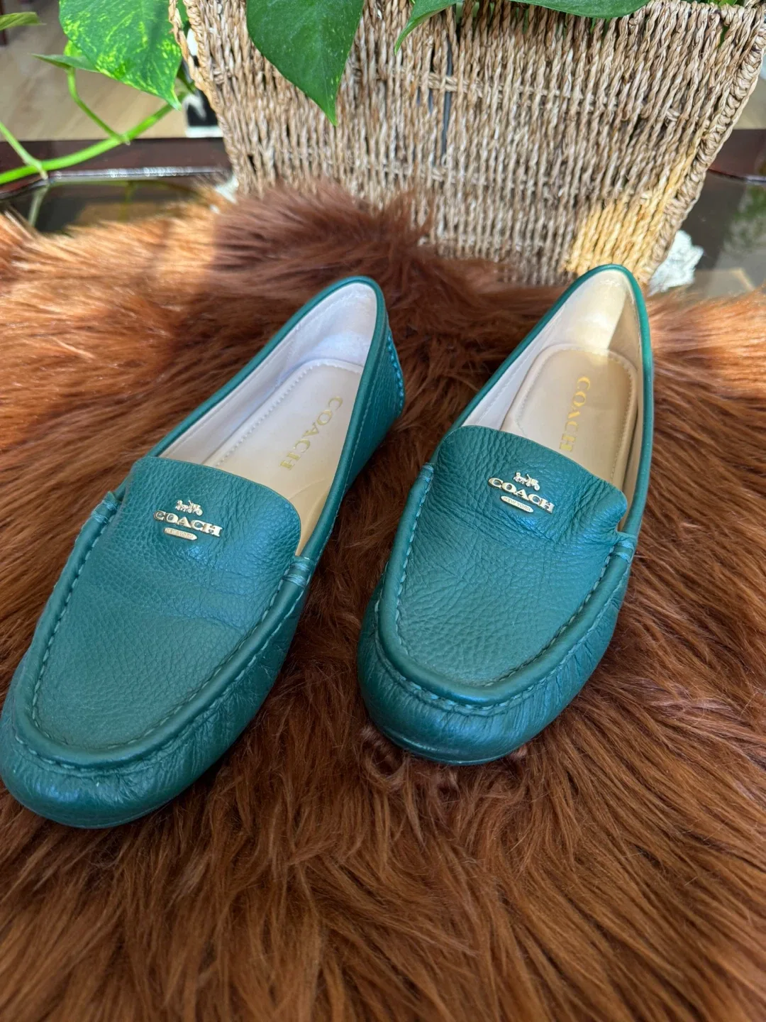 Coach Emerald Green Leather Loafers Size 7.5 thumbnail