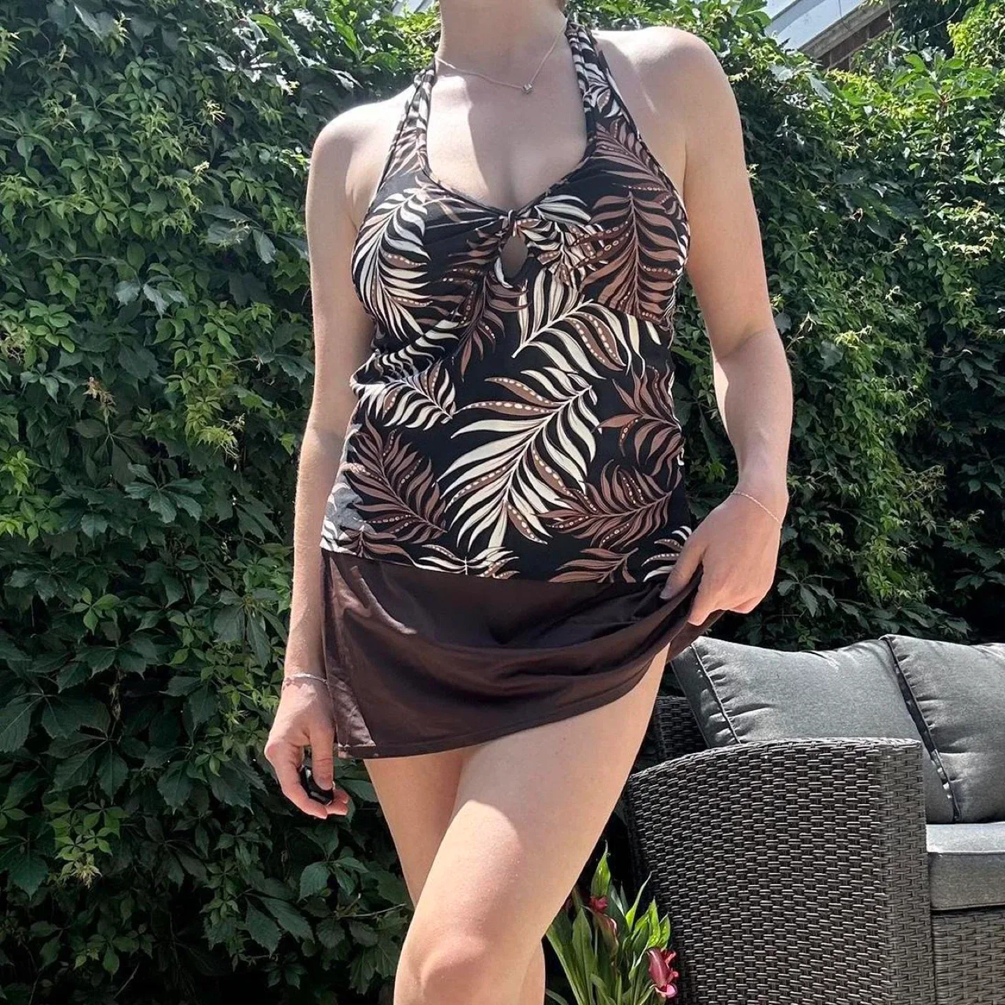 Y2k brown leaf print halter beach top