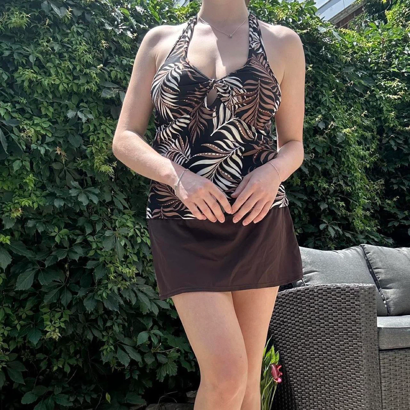 Y2k brown leaf print halter beach top - photo 3