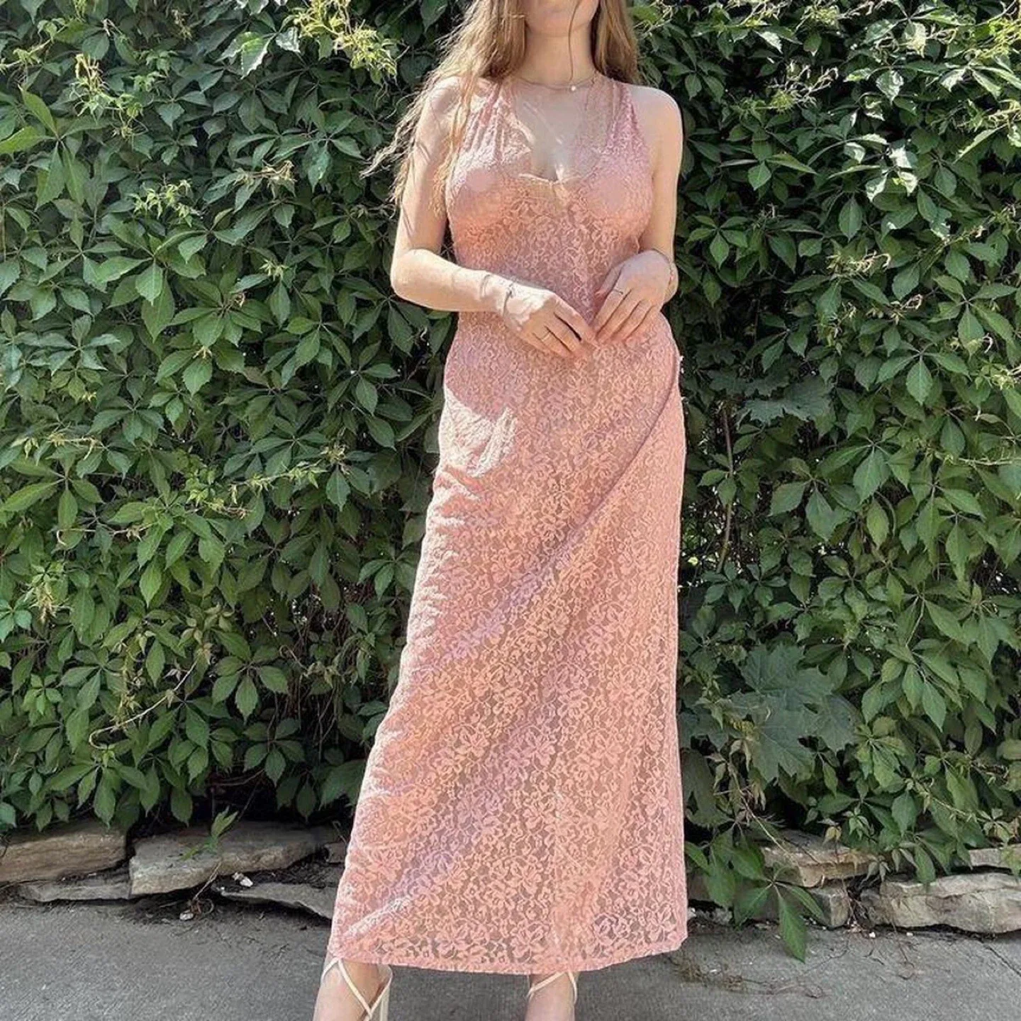 Y2k pink lace maxi dress image indicator(2)