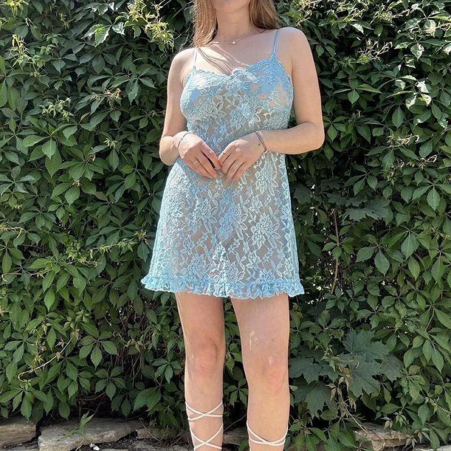 Baby blue lace sheer mini dress with ruffle hem image indicator(6)