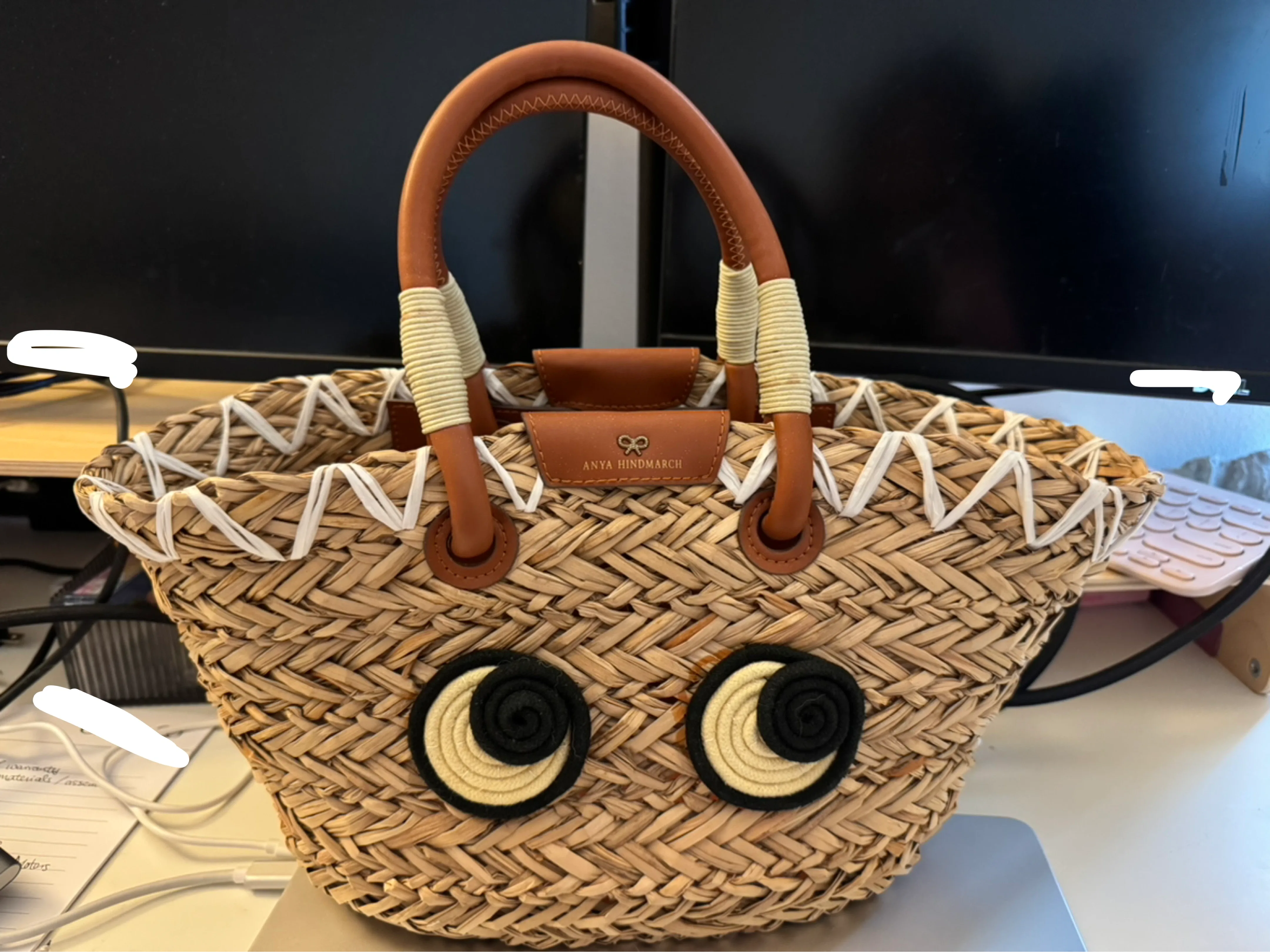 Anya Hindmarch Woven Straw Eyes Basket Bag thumbnail