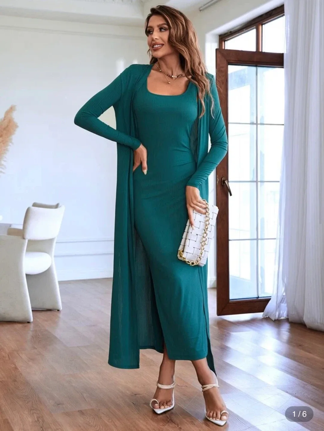 🥕 Boohoo Dark Green Dress & Cardigan Set - Size 10