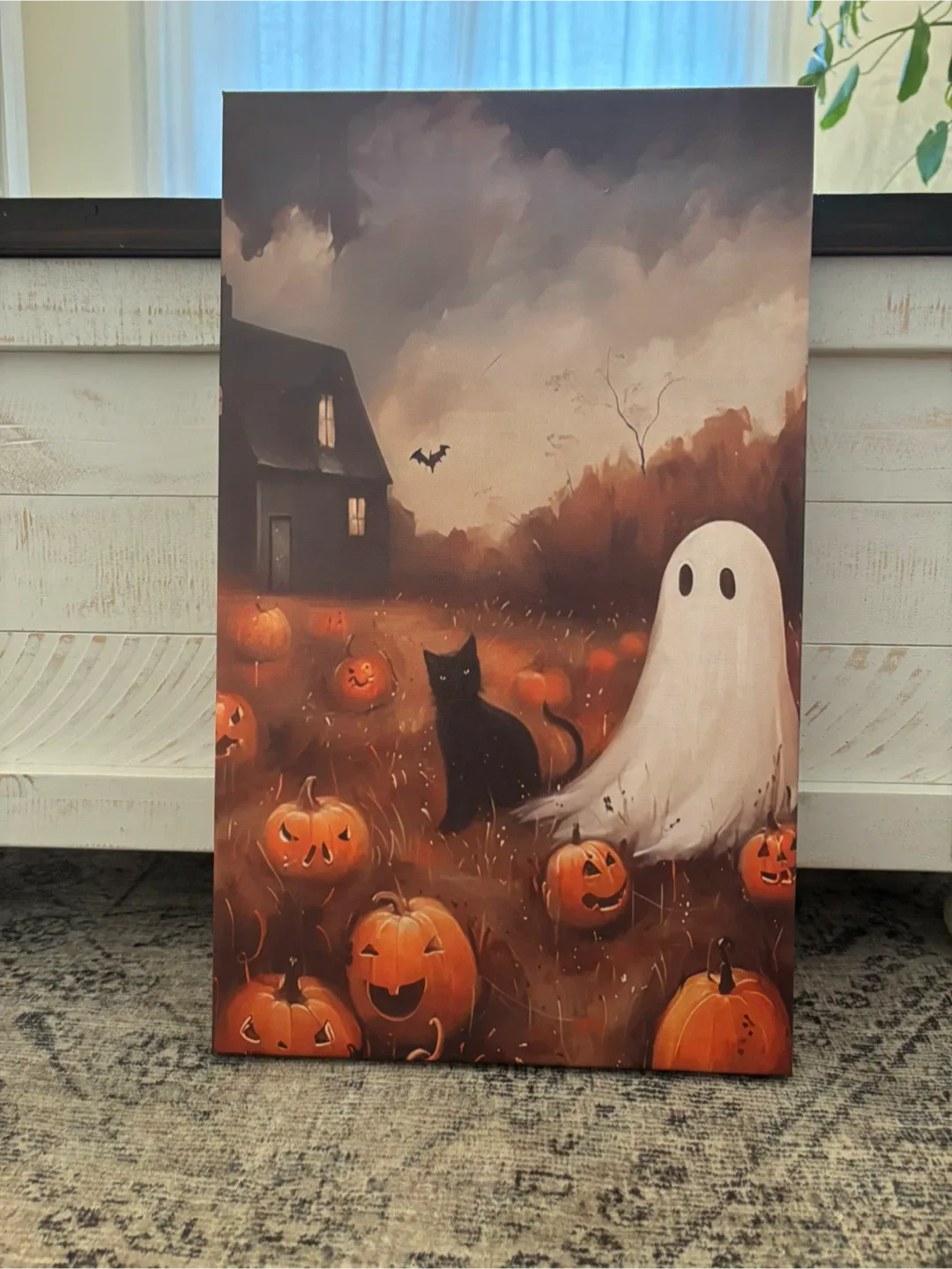 Halloween Ghost & Cat Pumpkin Patch Canvas Print thumbnail