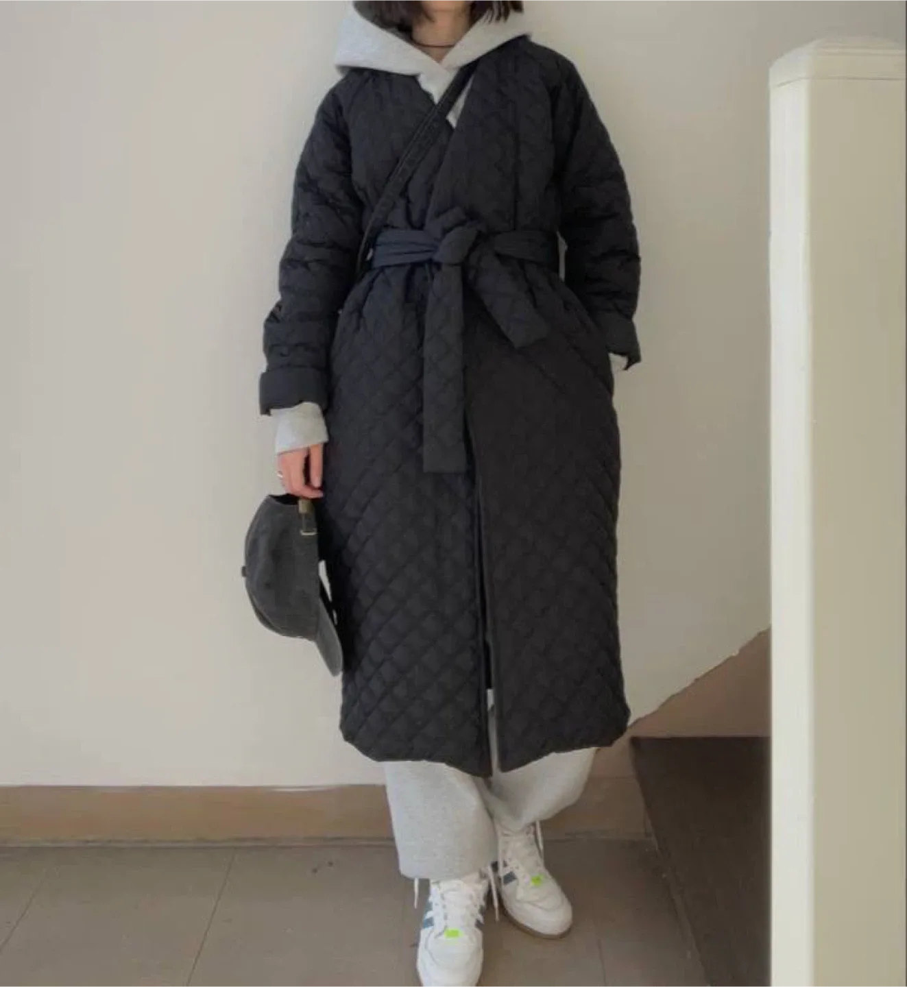 Black Quilted Long Coat with Belt, size S-M thumbnail