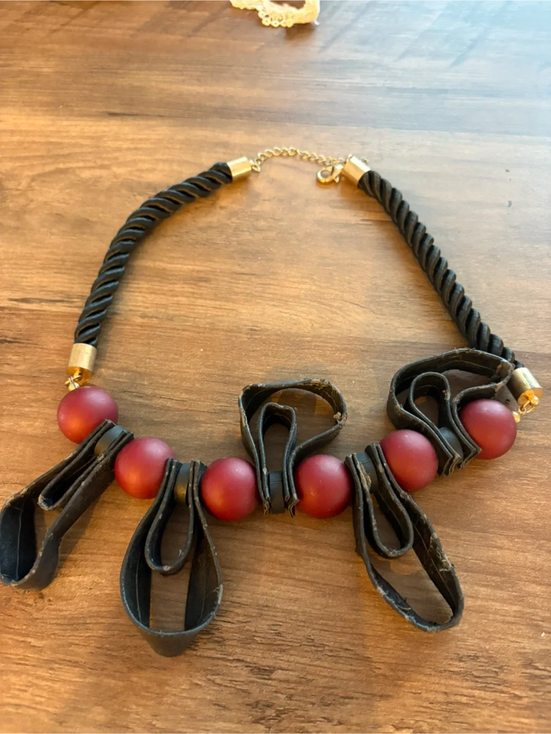 Red Bead & Black Leather Necklace thumbnail