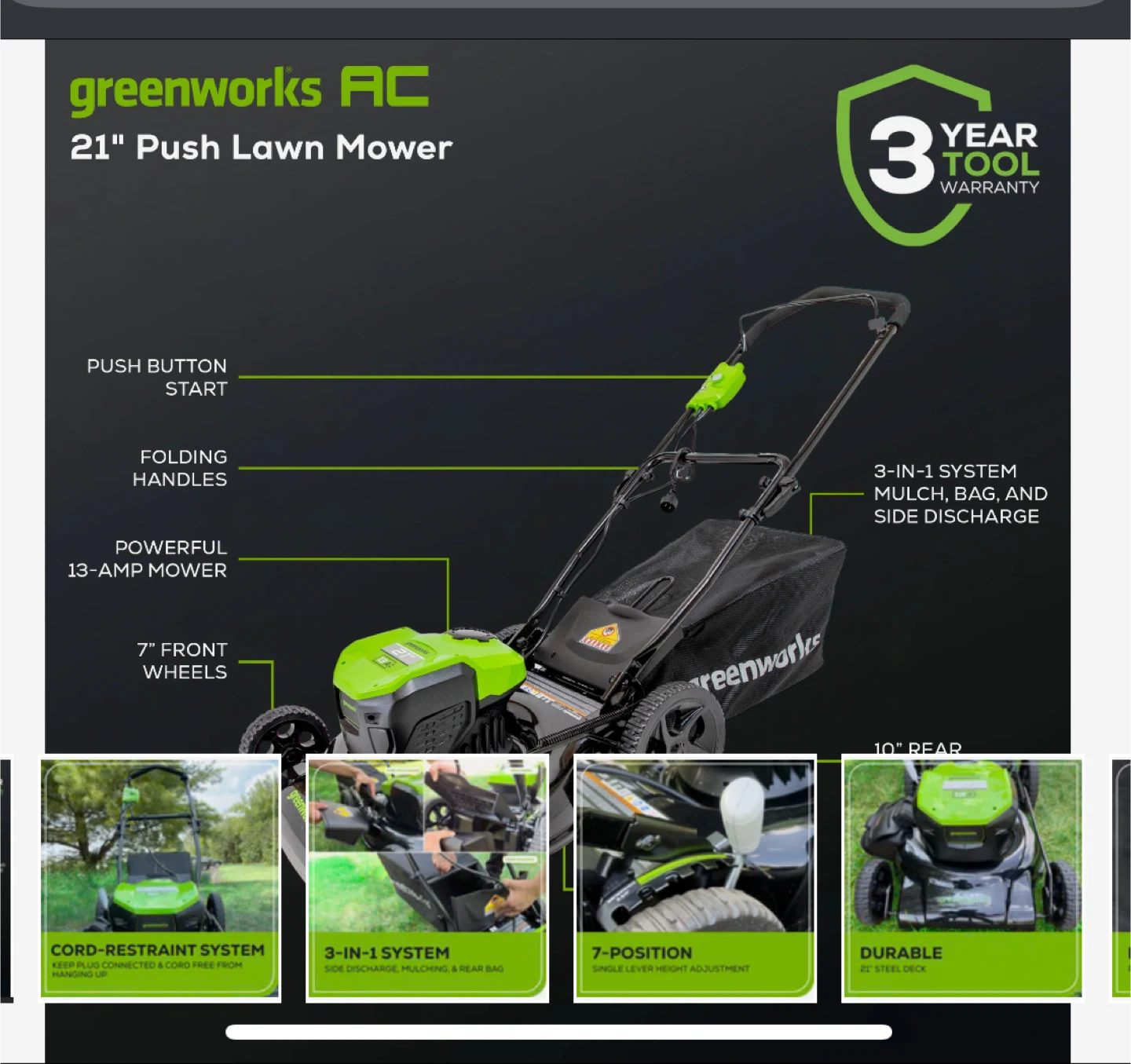 Greenworks 21" 13A Electric Lawn Mower - New in Box! - photo 5