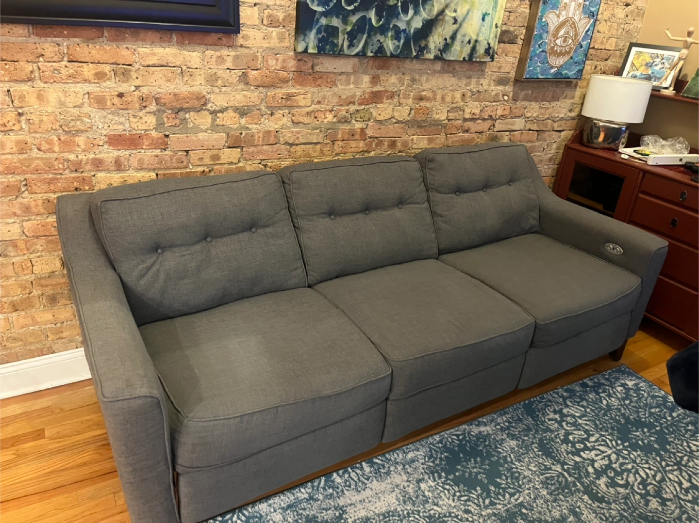 Gray Three-Seat Electric Reclining Sofa With USB Charging