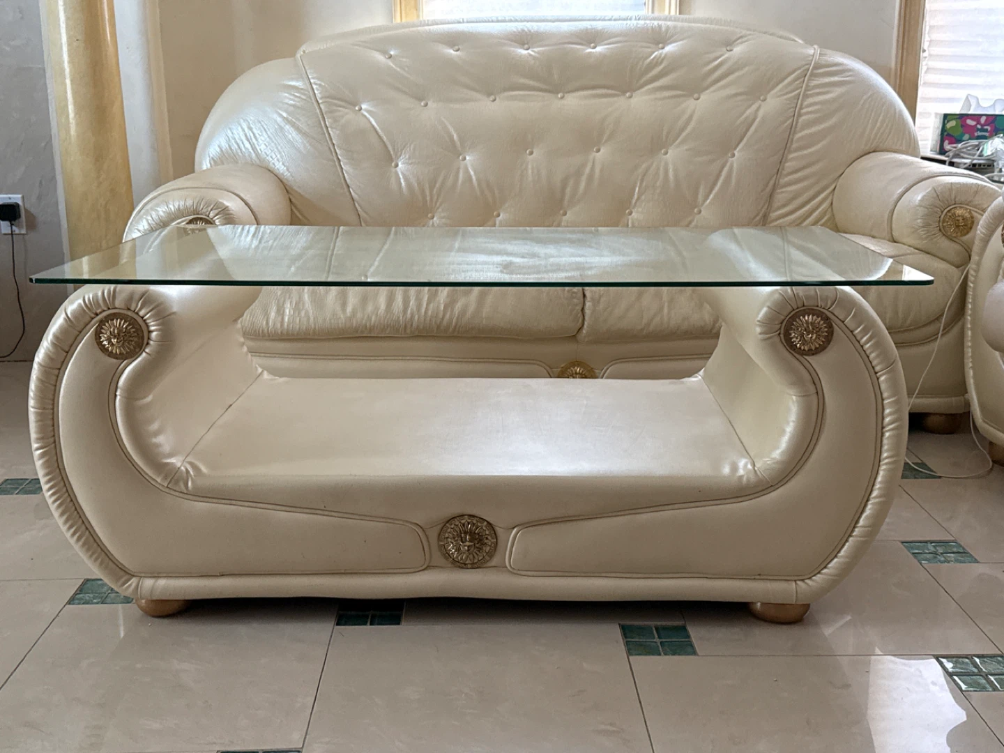 Cream Leather & Glass Coffee Table