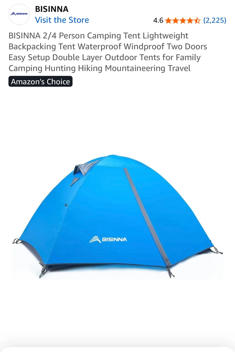 BISINNA 2 Person Camping Tent (NEW) thumbnail