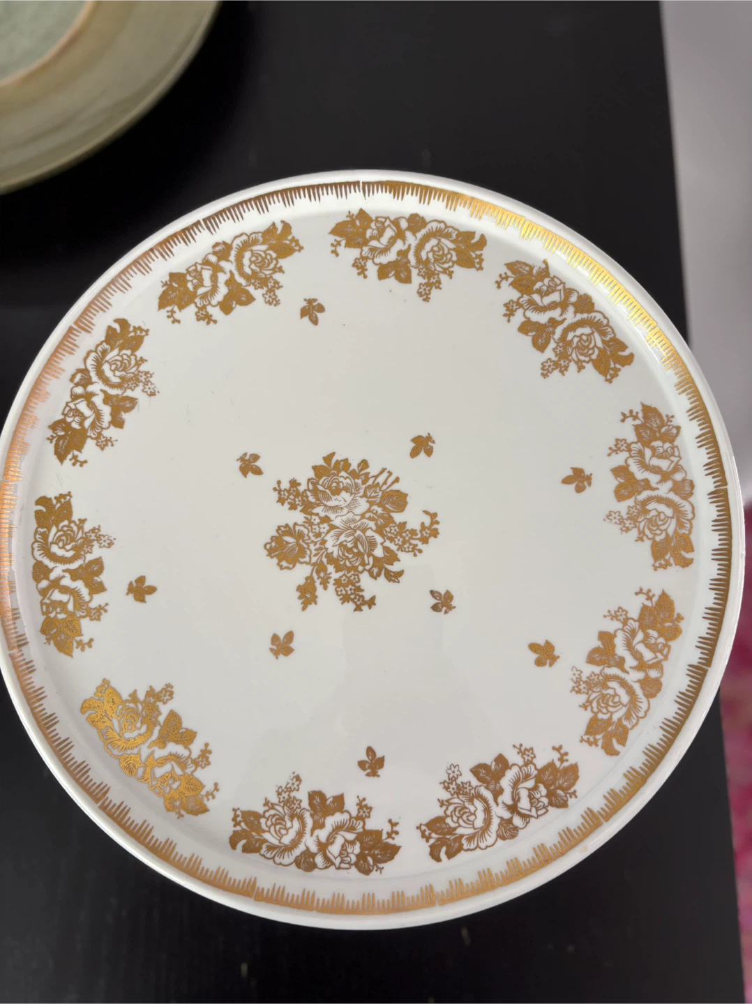 Porcelain Cake Plate - White with Gold Floral Design
