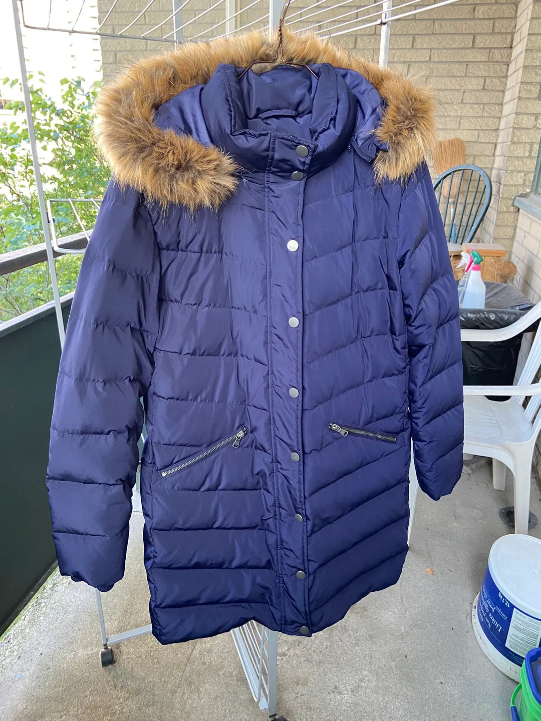 XL Navy Blue Puffer Coat with Faux Fur Hood thumbnail