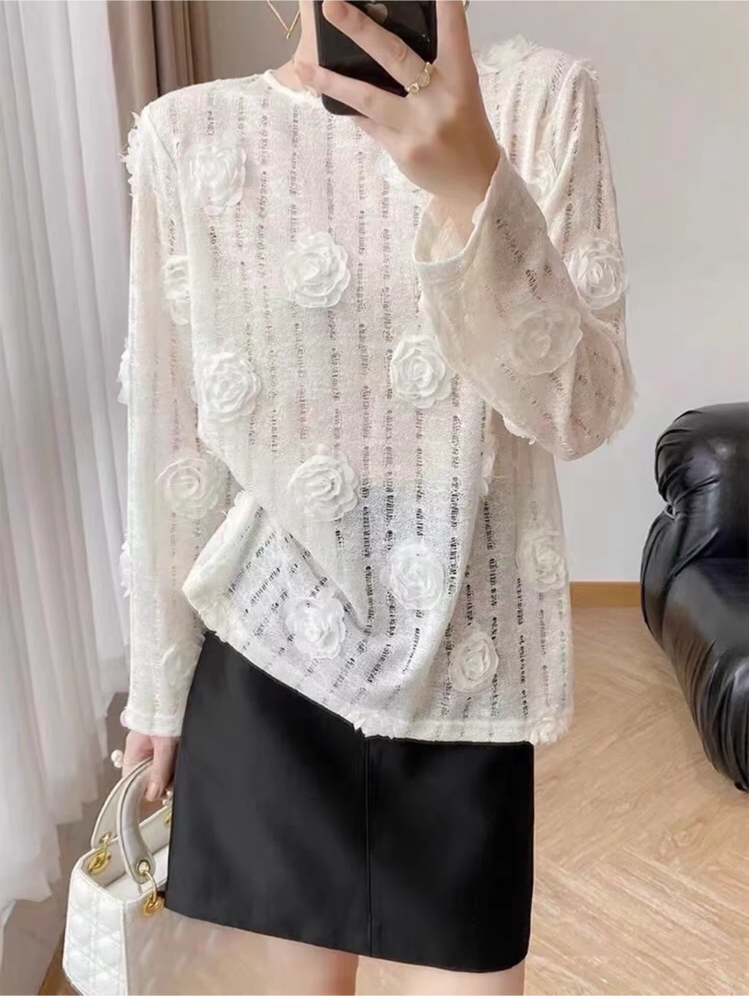 White Floral Long Sleeve Top - photo 2