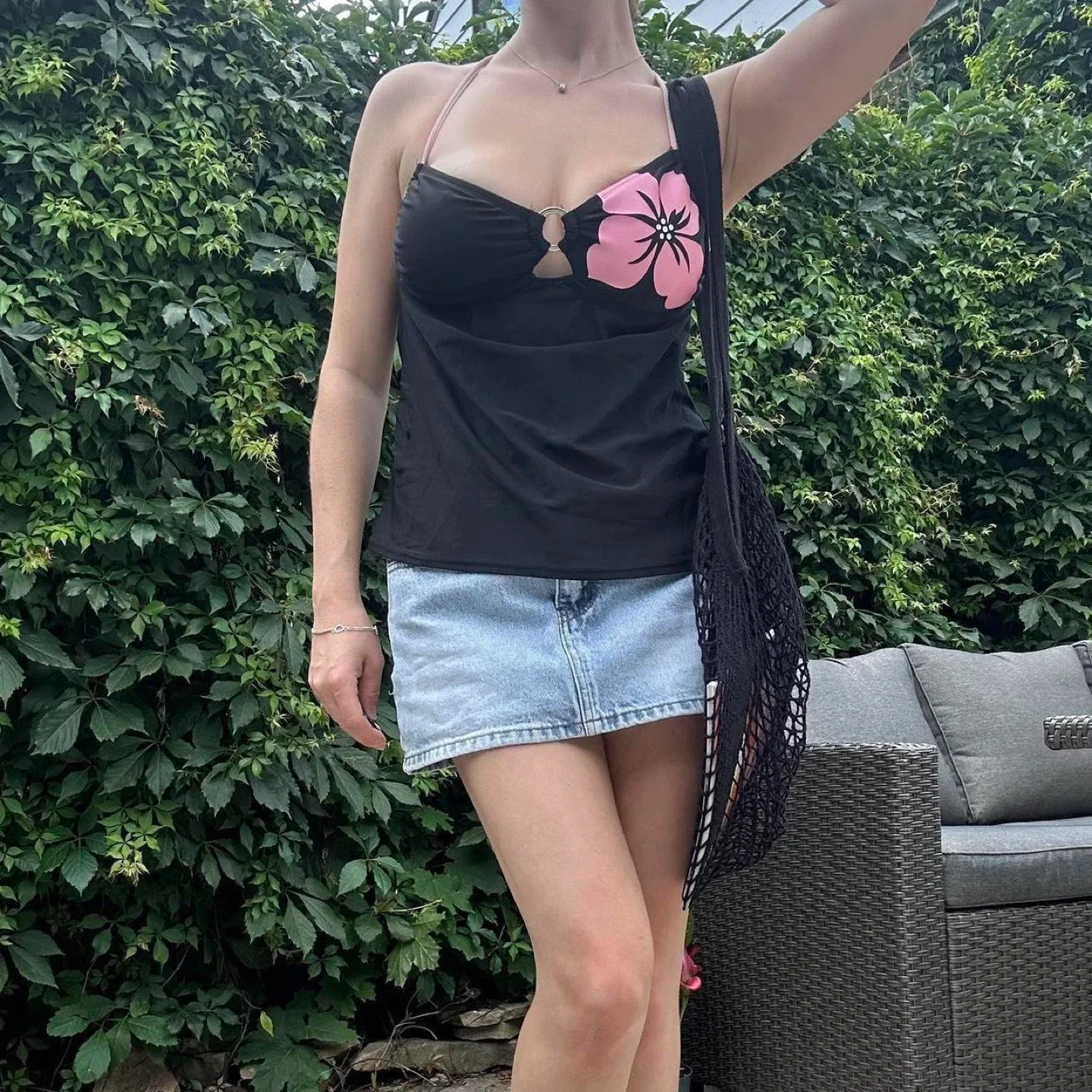 Black and pink floral halter tankini image indicator(2)