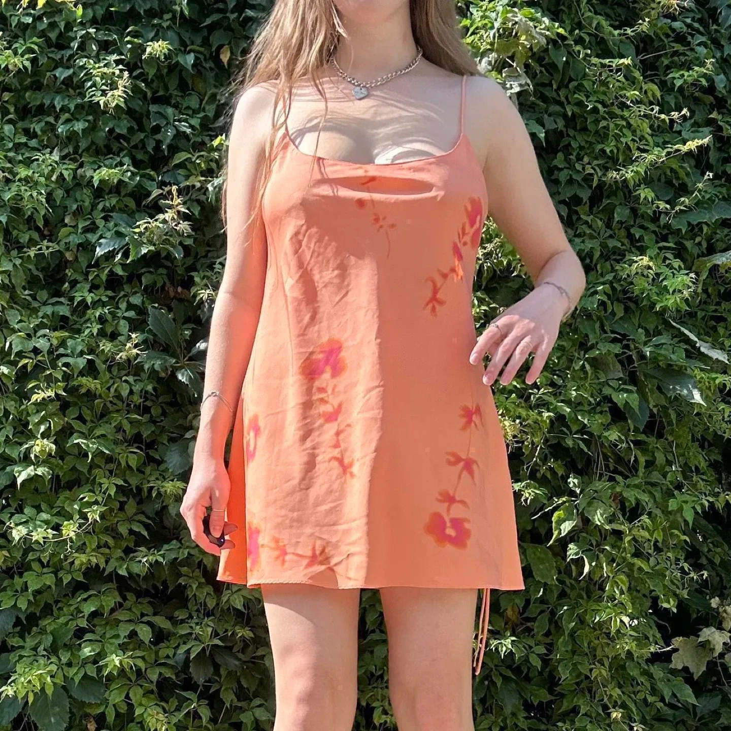 Orange and pink floral mini slip dress