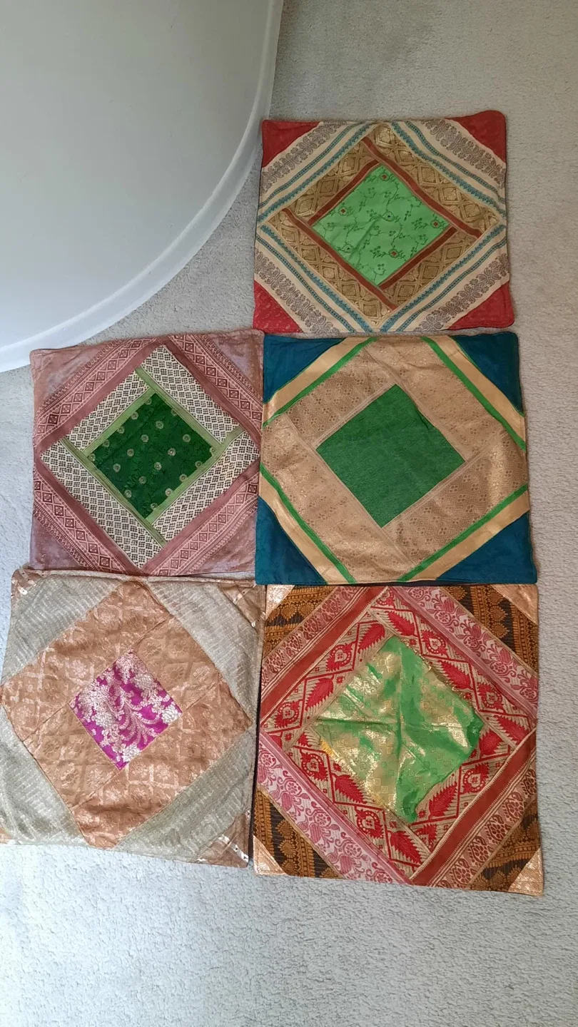 Five 15” cushion covers made from sari fabric thumbnail