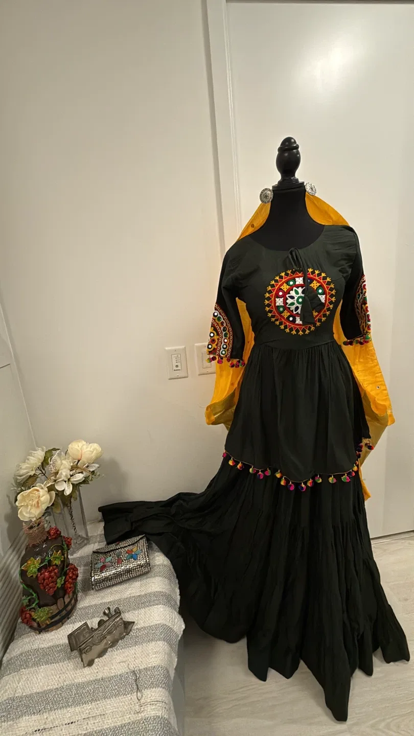 Black Embroidered Chaniya Choli Dress with Pom-Poms thumbnail