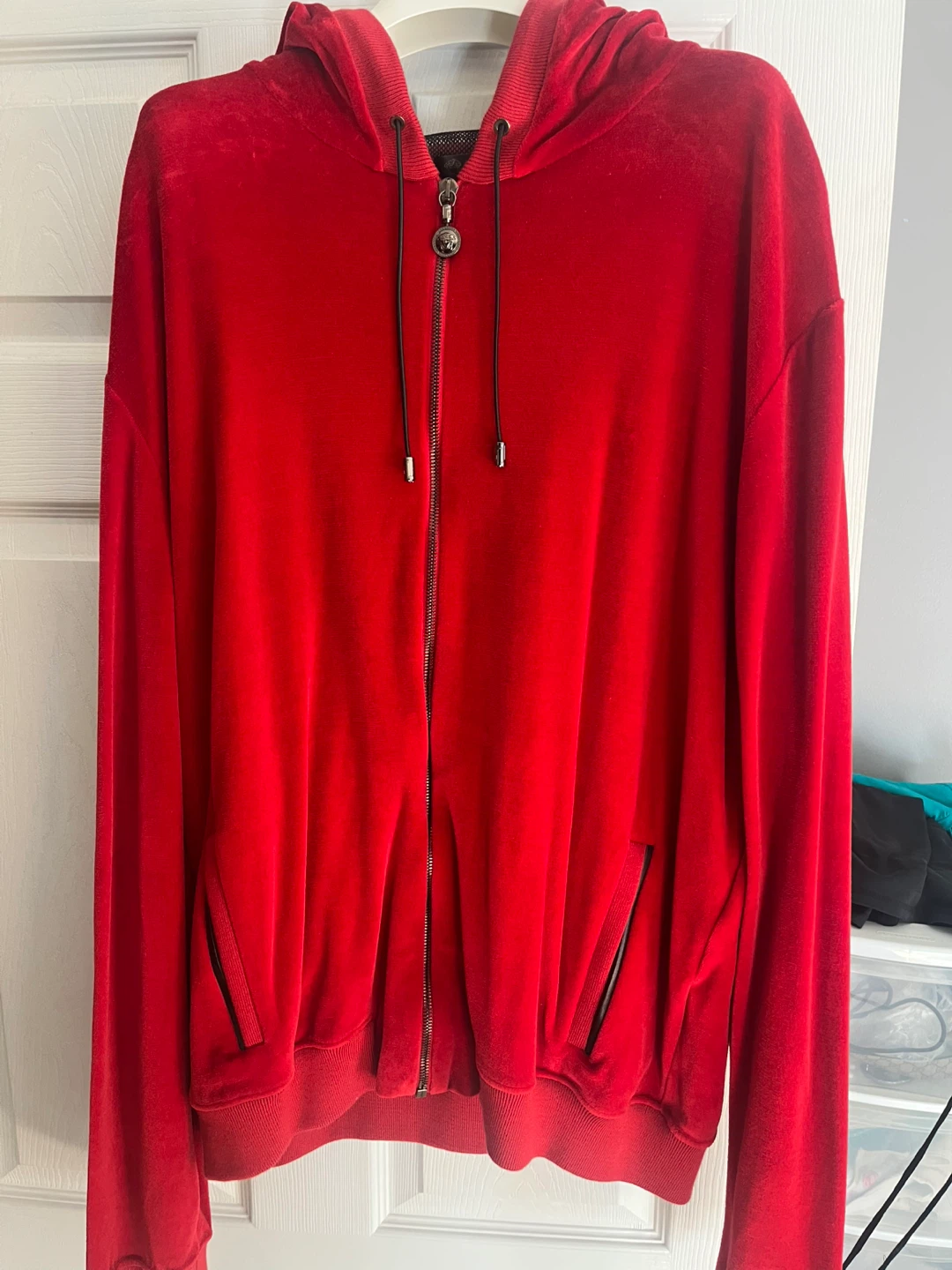 Versace Red Velour Zip-Up Hoodie - 3XL