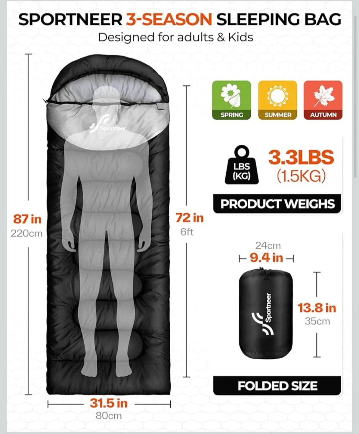 Sportneer 3-Season Sleeping Bag - Adult & Kids image indicator(2)