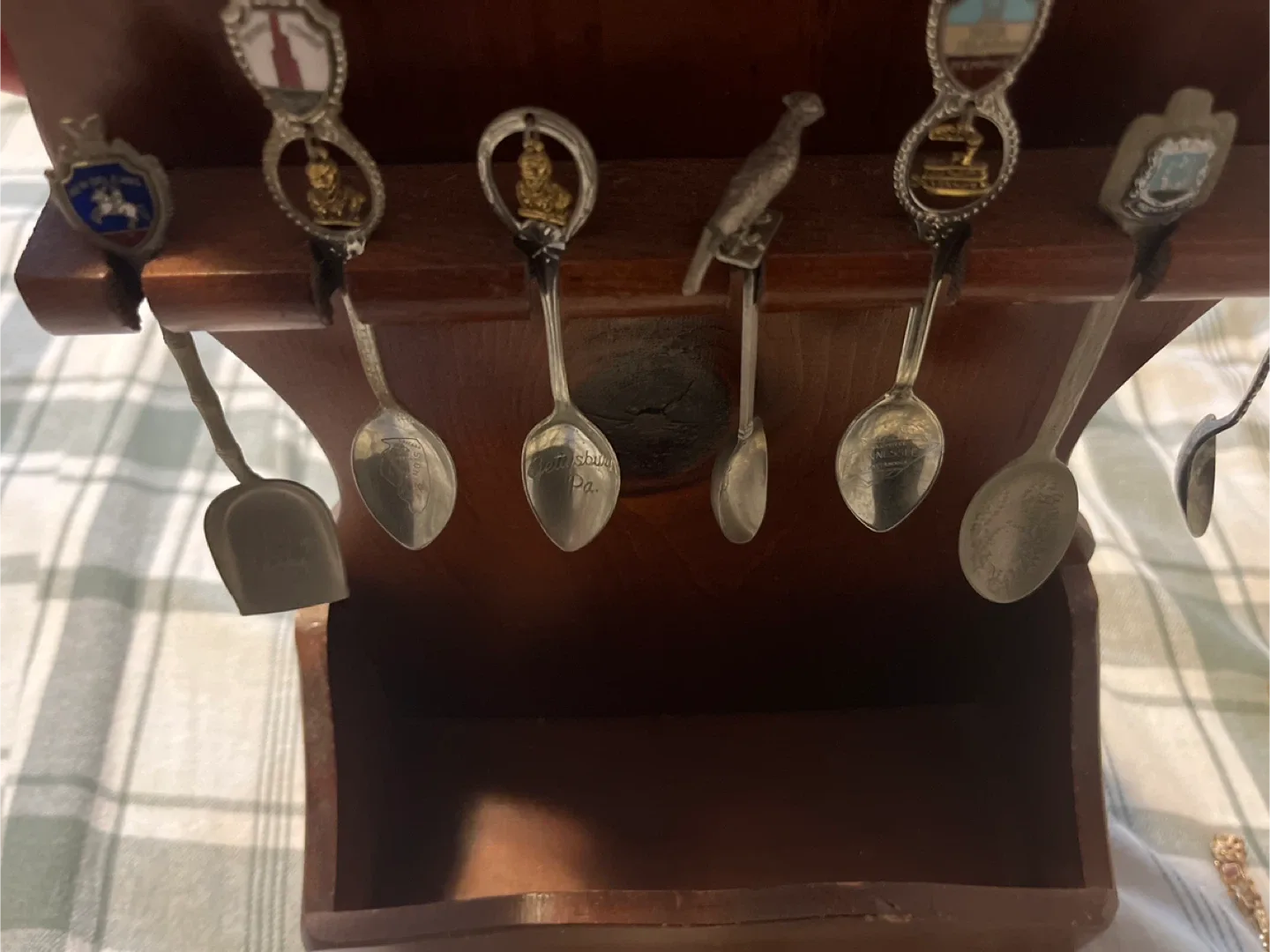 Vintage Souvenir Spoons with Wooden Display Rack image indicator(4)