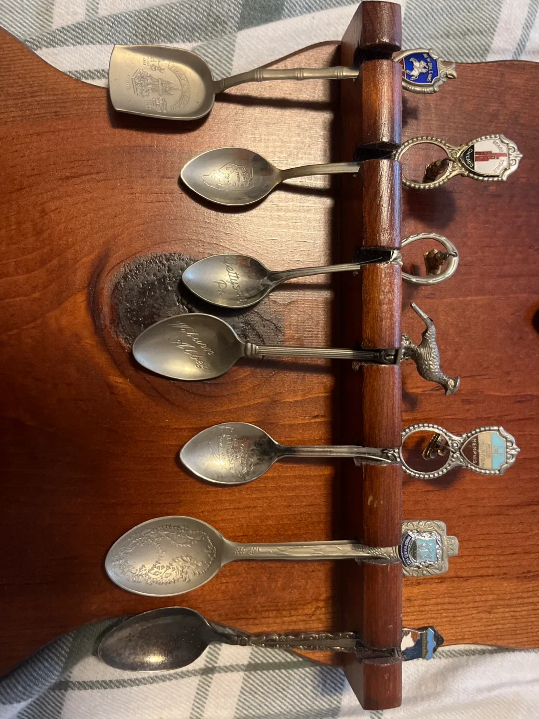 Vintage Souvenir Spoons with Wooden Display Rack image indicator(3)