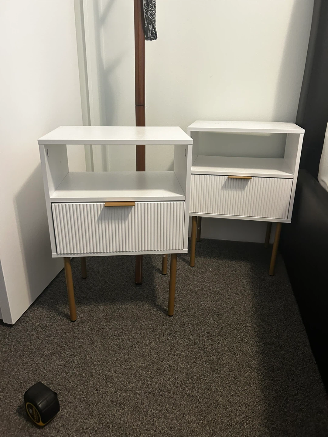 2 White Nightstands with Drawer details in gold