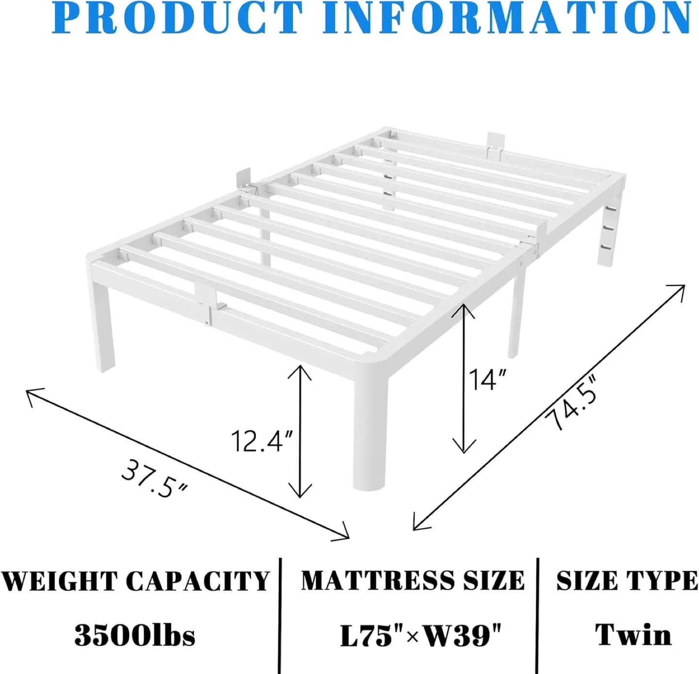 Twin bed frame, 14” high - White - Brand New image indicator(7)