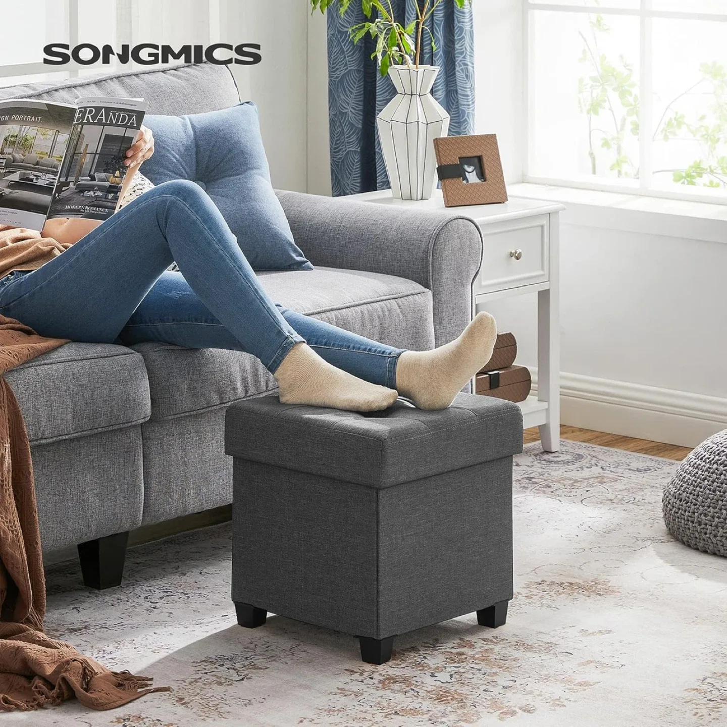 SONGMICS Grey Folding Storage Ottoman image indicator(2)