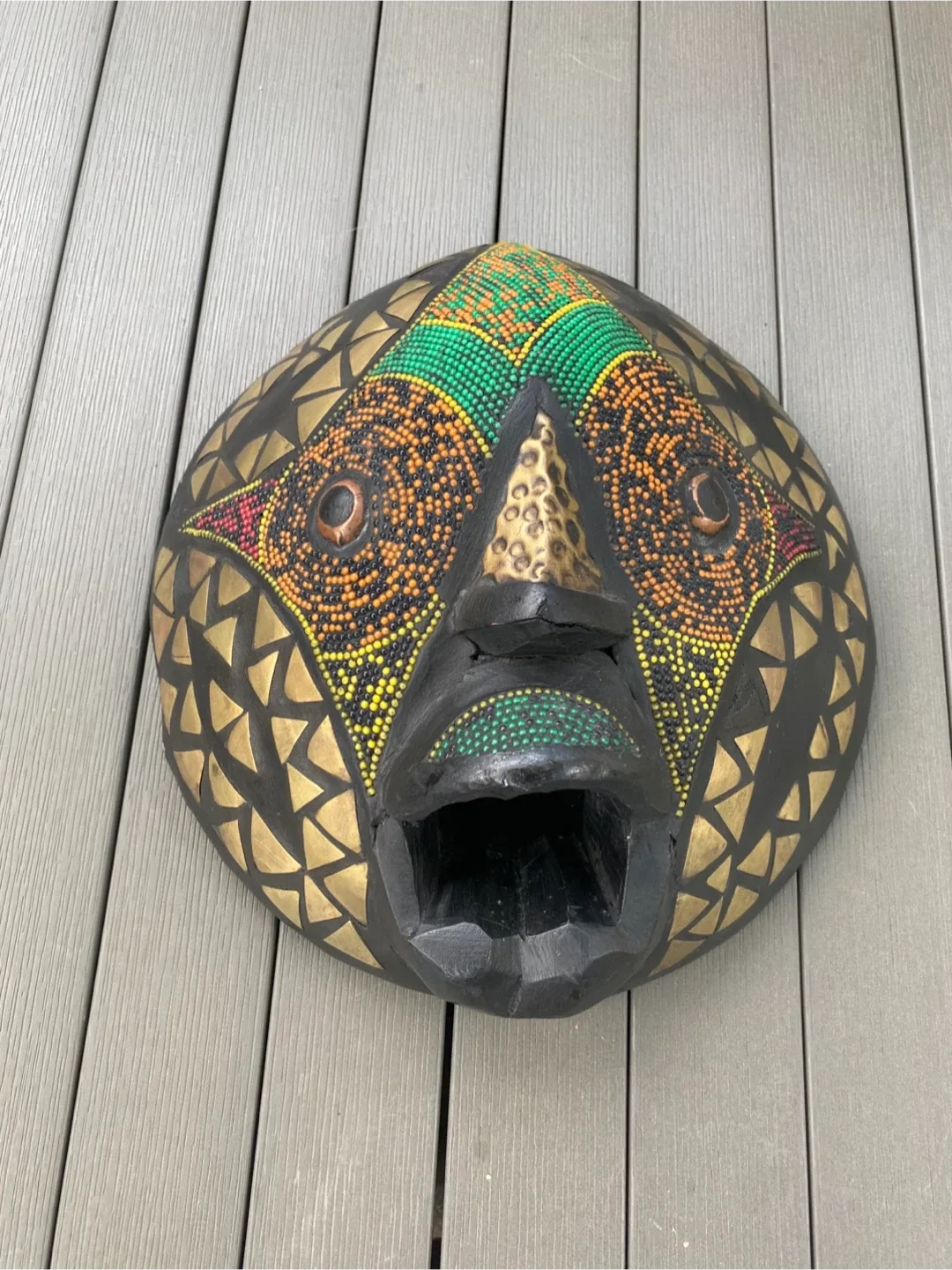 Ghana African Ashanti Mask Beaded Brass Inlay Carved Wood Art thumbnail