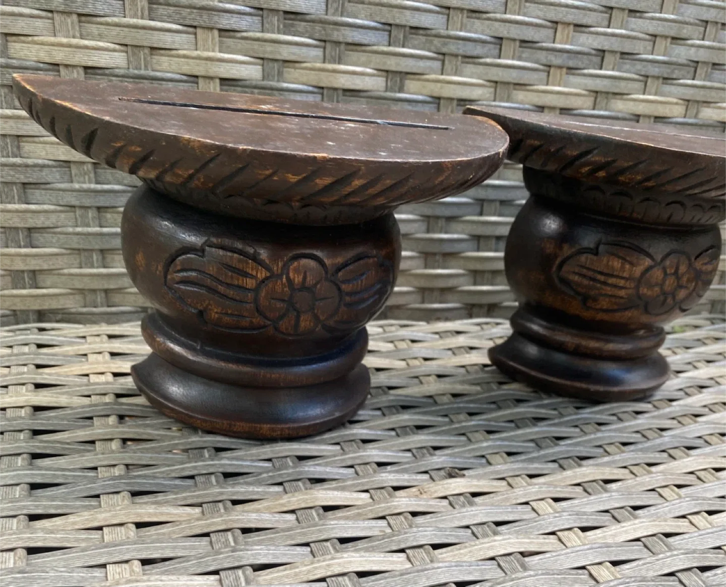 Pair Folk Art MCM Wood Carved Wall Shelves Brackets Sconces image indicator(5)