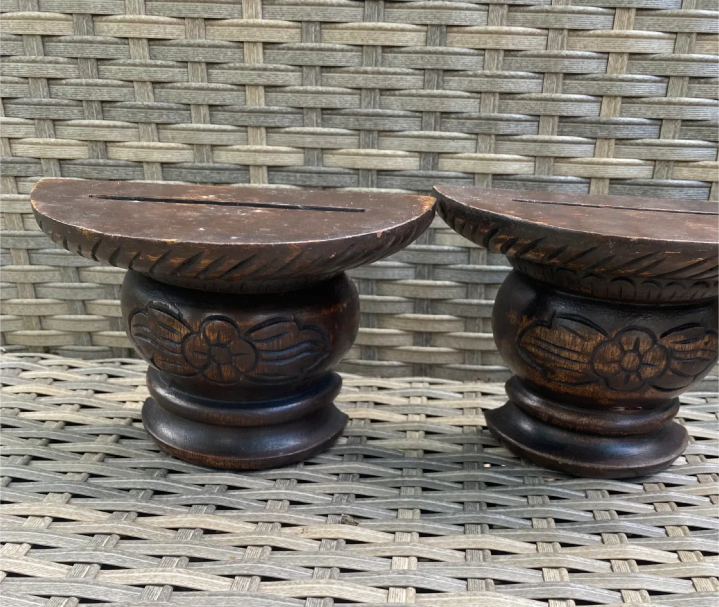 Pair Folk Art MCM Wood Carved Wall Shelves Brackets Sconces image indicator(4)