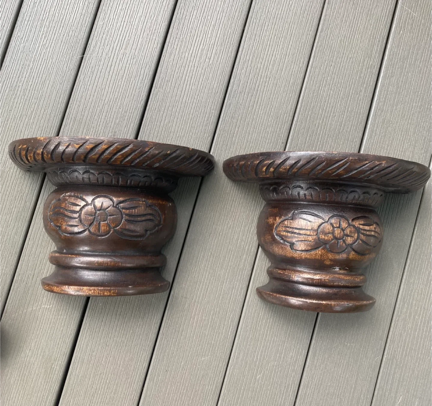 Pair Folk Art MCM Wood Carved Wall Shelves Brackets Sconces thumbnail