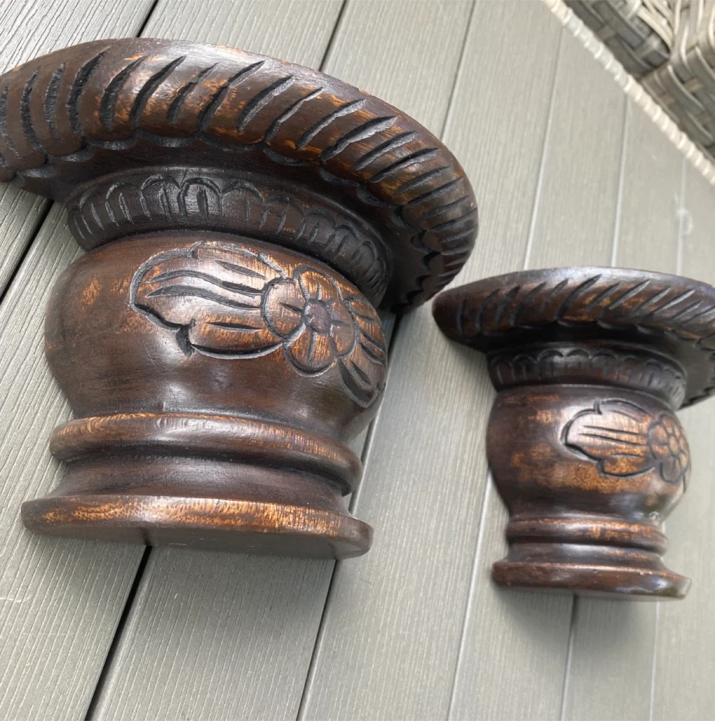 Pair Folk Art MCM Wood Carved Wall Shelves Brackets Sconces image indicator(3)
