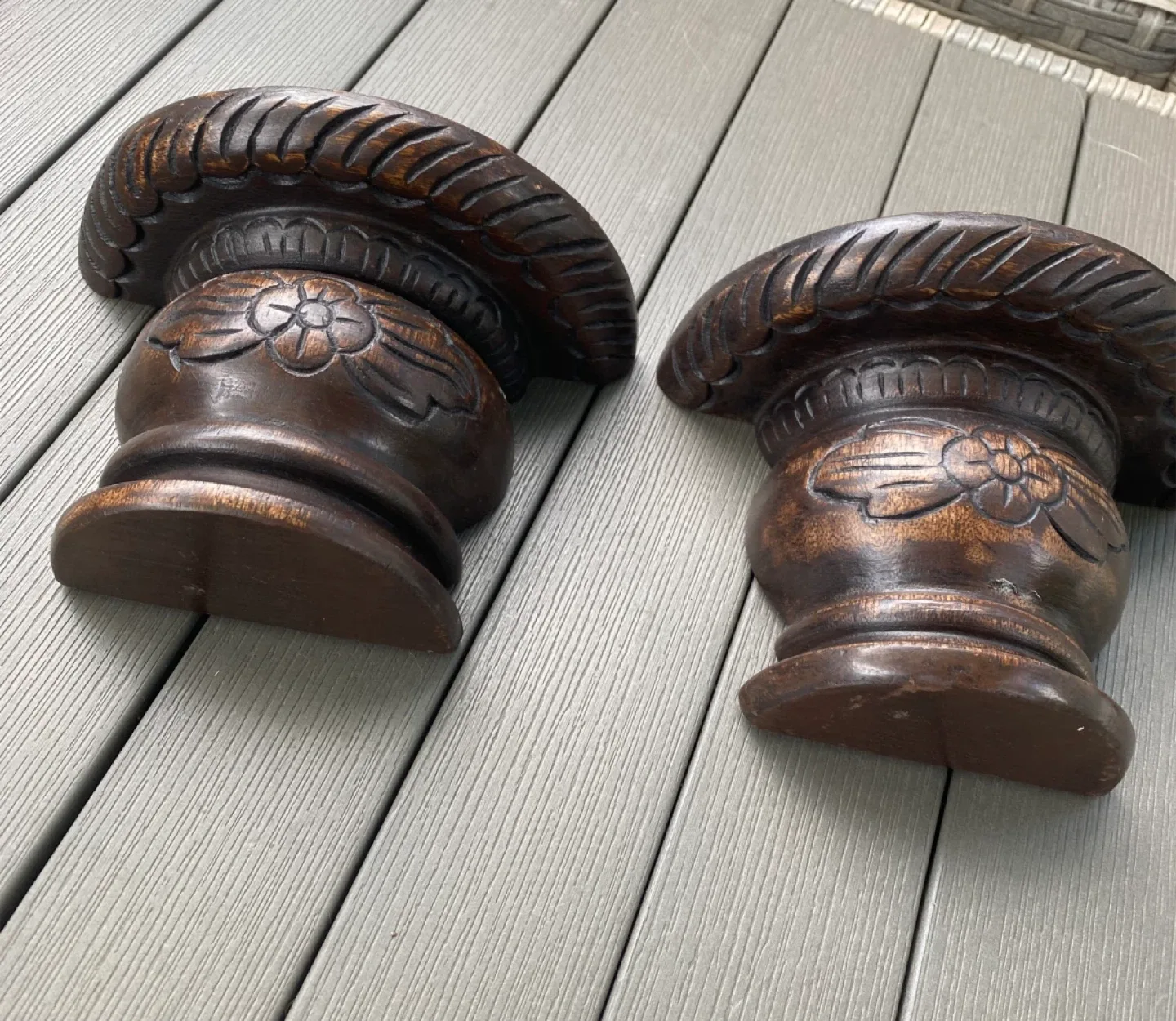 Pair Folk Art MCM Wood Carved Wall Shelves Brackets Sconces image indicator(2)