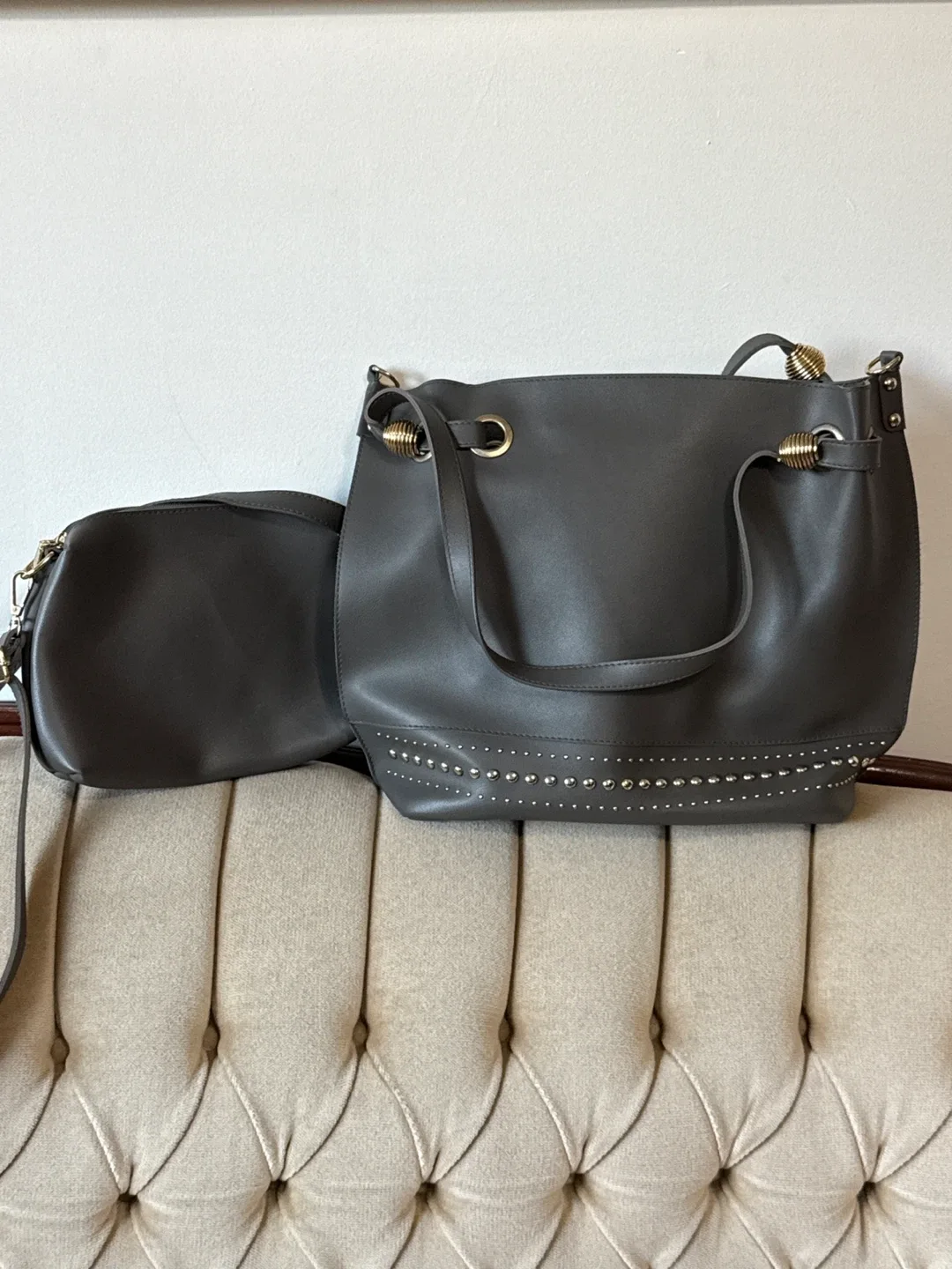 Grey Bucket Bag with Studded Detail/small shoulder bag thumbnail