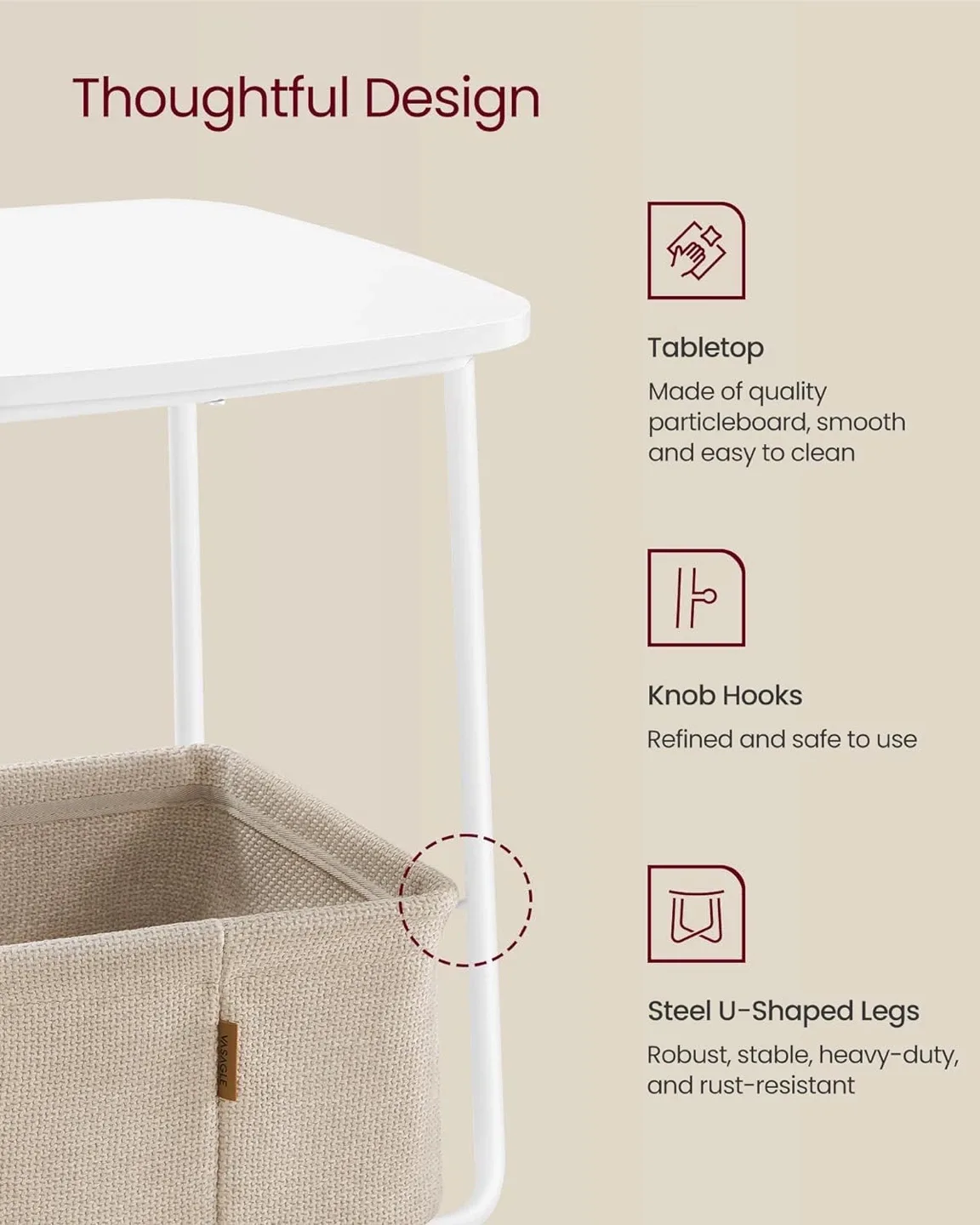 VASAGLE End/side Table with Fabric Basket, ULET229W10 image indicator(5)
